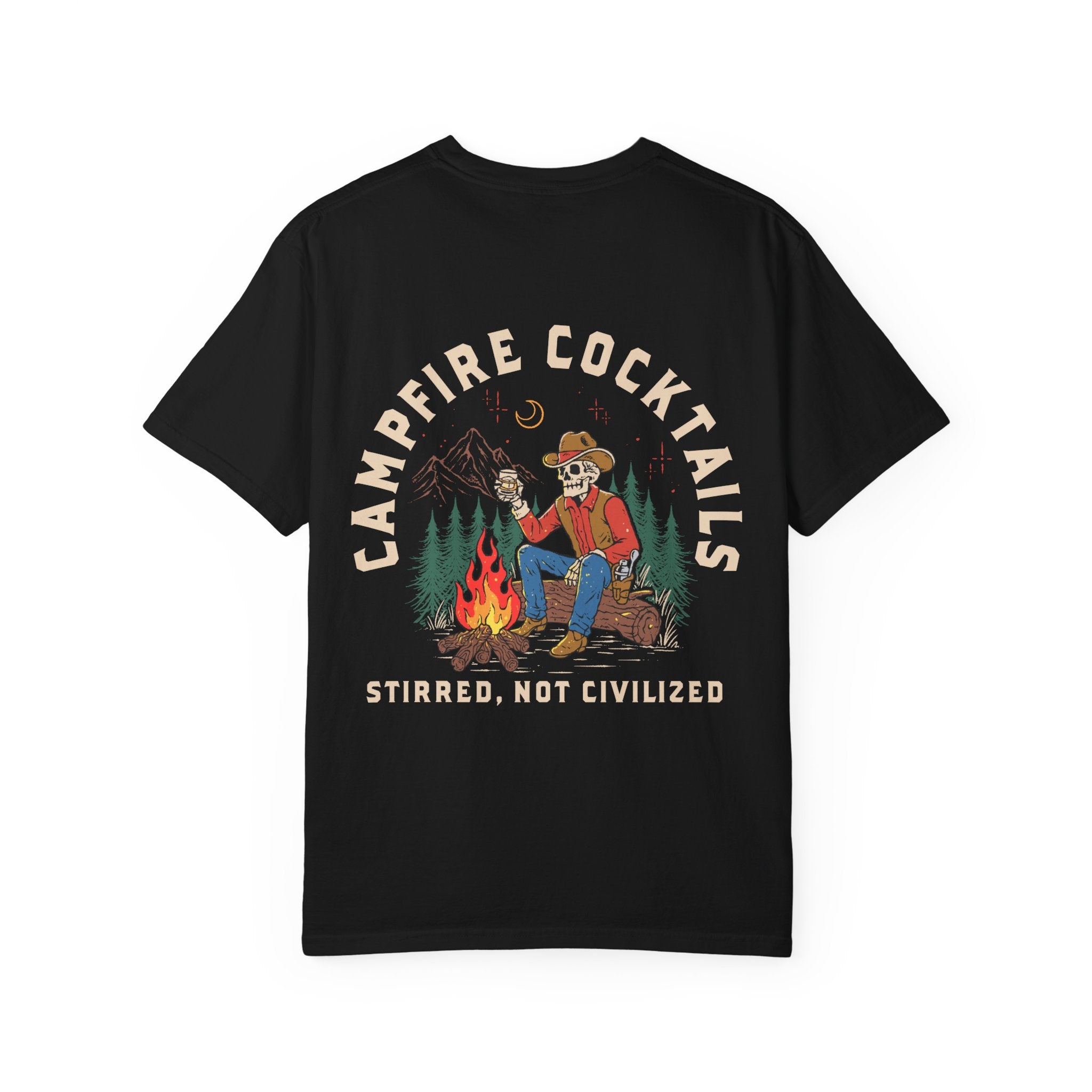 Campfire Cocktails T-Shirt — "Stirred, Not Civilized" Outdoor Graphic Tee