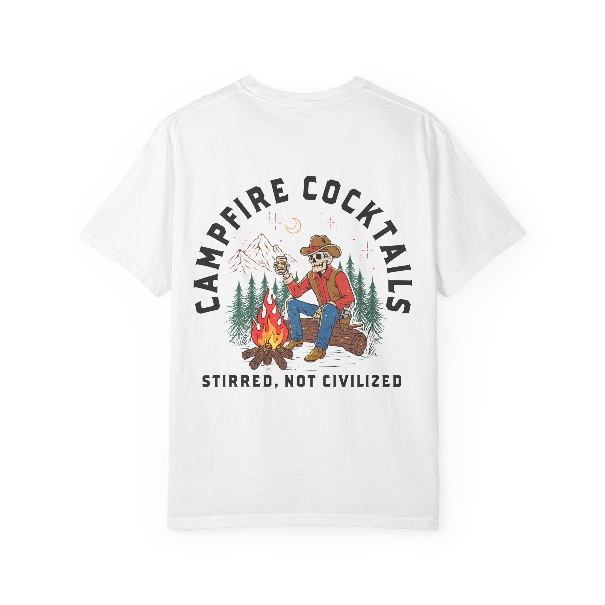 Campfire Cocktails T-Shirt — "Stirred, Not Civilized" Outdoor Graphic Tee